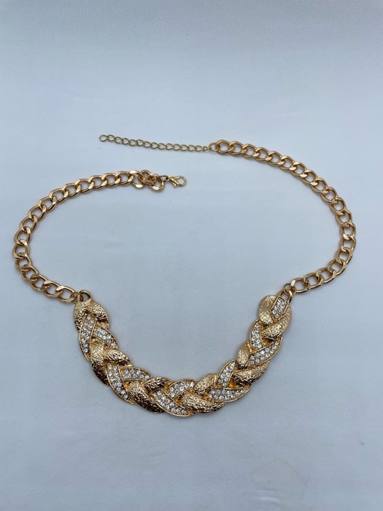Gold Tone Braided Chain Necklace Crystal Rhinestone Statement Adjustable Link - Picture 2 of 6